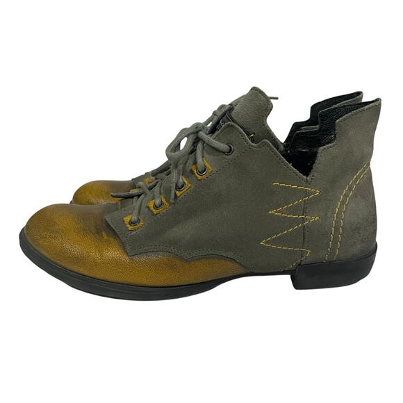 Maciejka Ankle Boots Leather Flats Gray Yellow Vintage-Look Lace Up Zipper Sz 8 - Picture 6 of 11